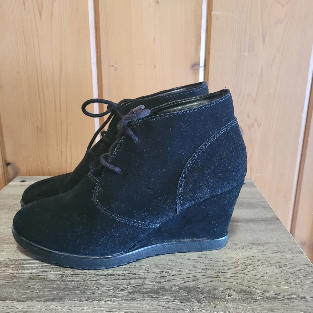 Suede Black Leather Wedge Shoes - Picture 1 of 5